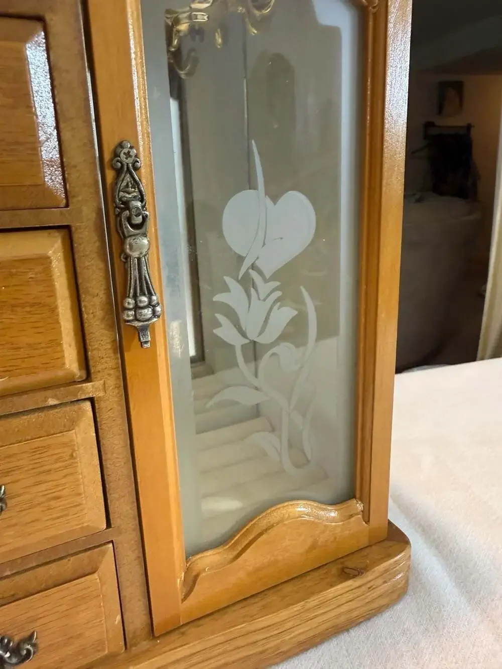 Vintage Tall Wooden Jewelry Armoire with 5 Drawers and Etched Glass Door